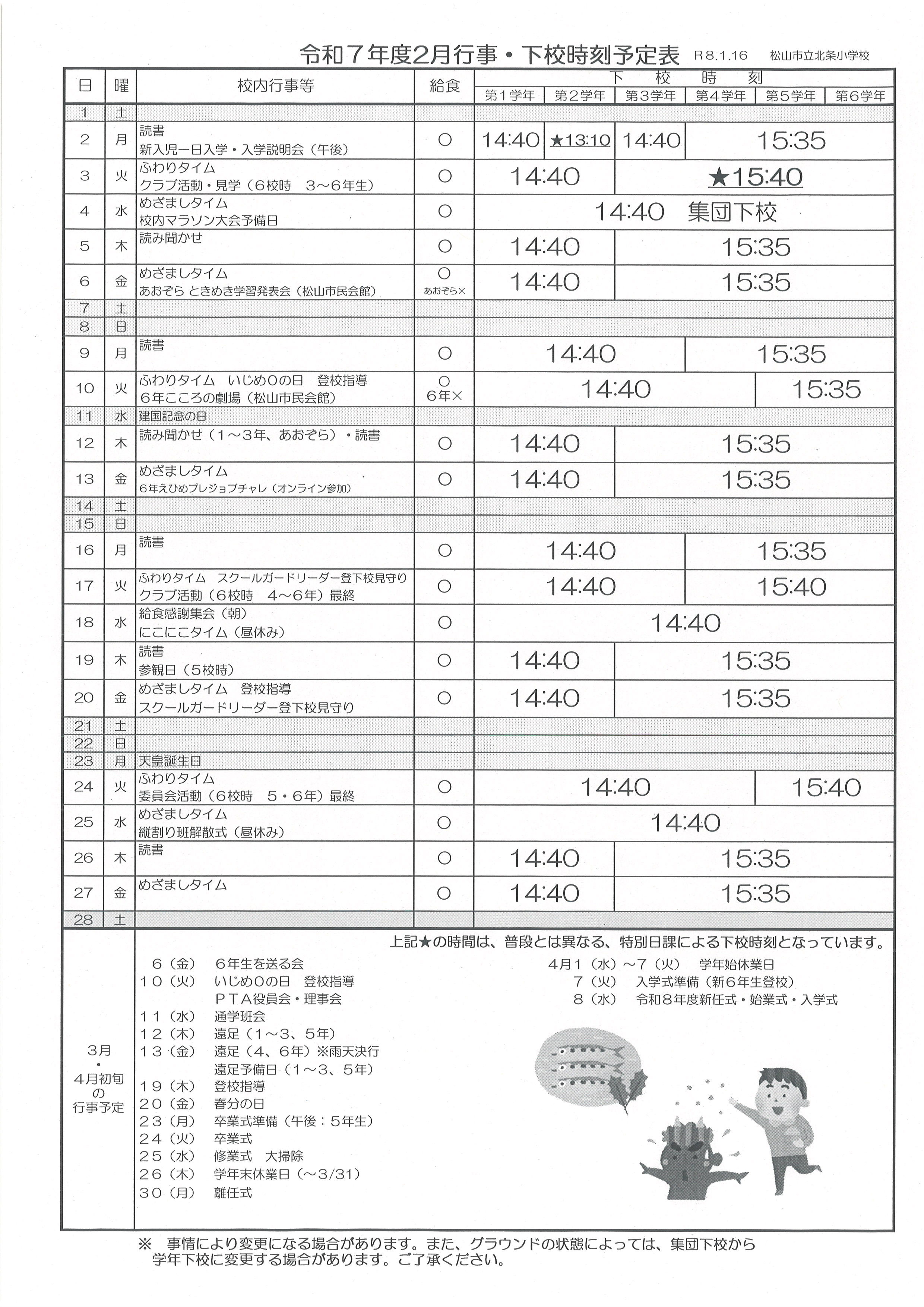 R7 下校時刻表（２月）