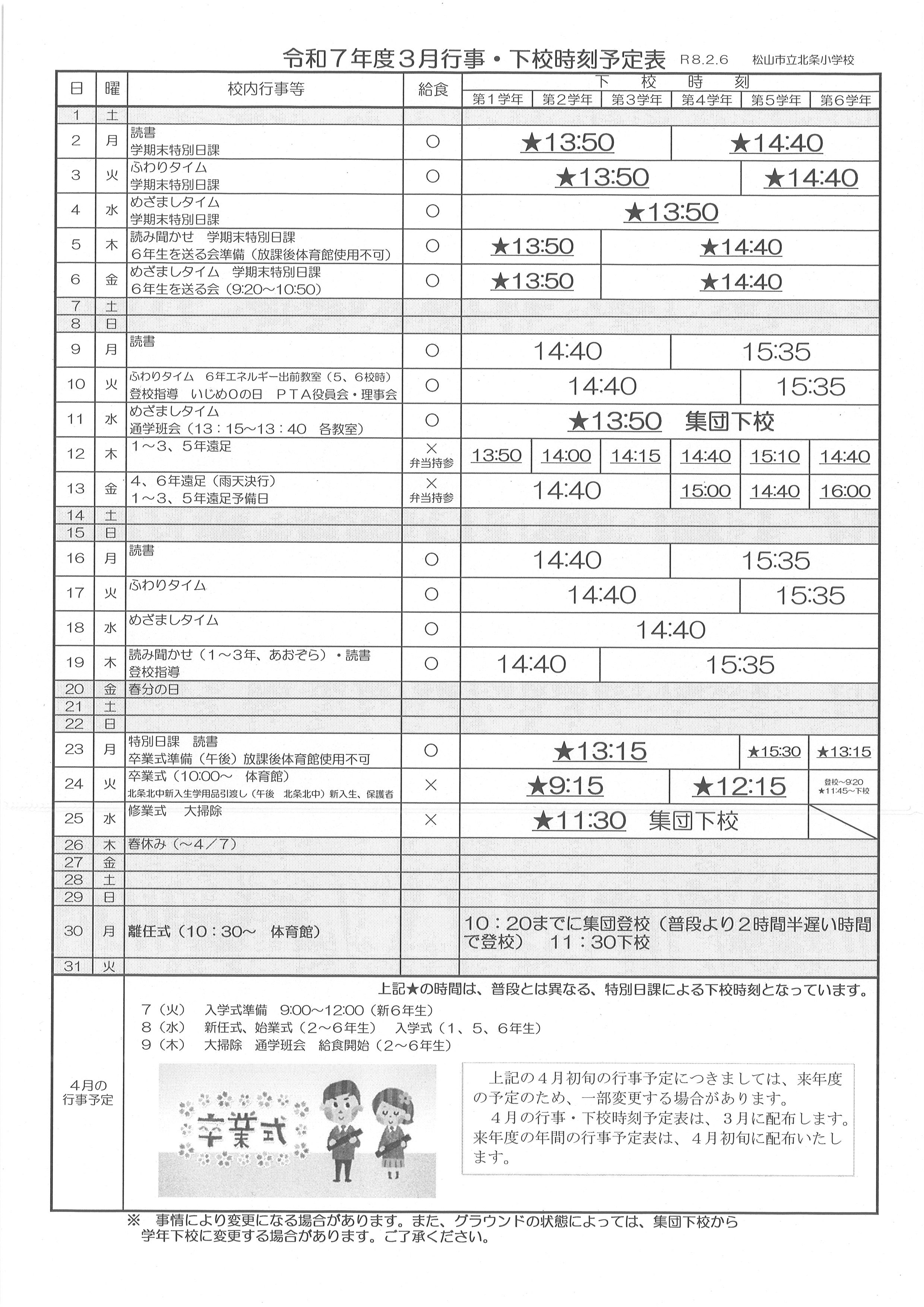 R7 下校時刻表（３月）